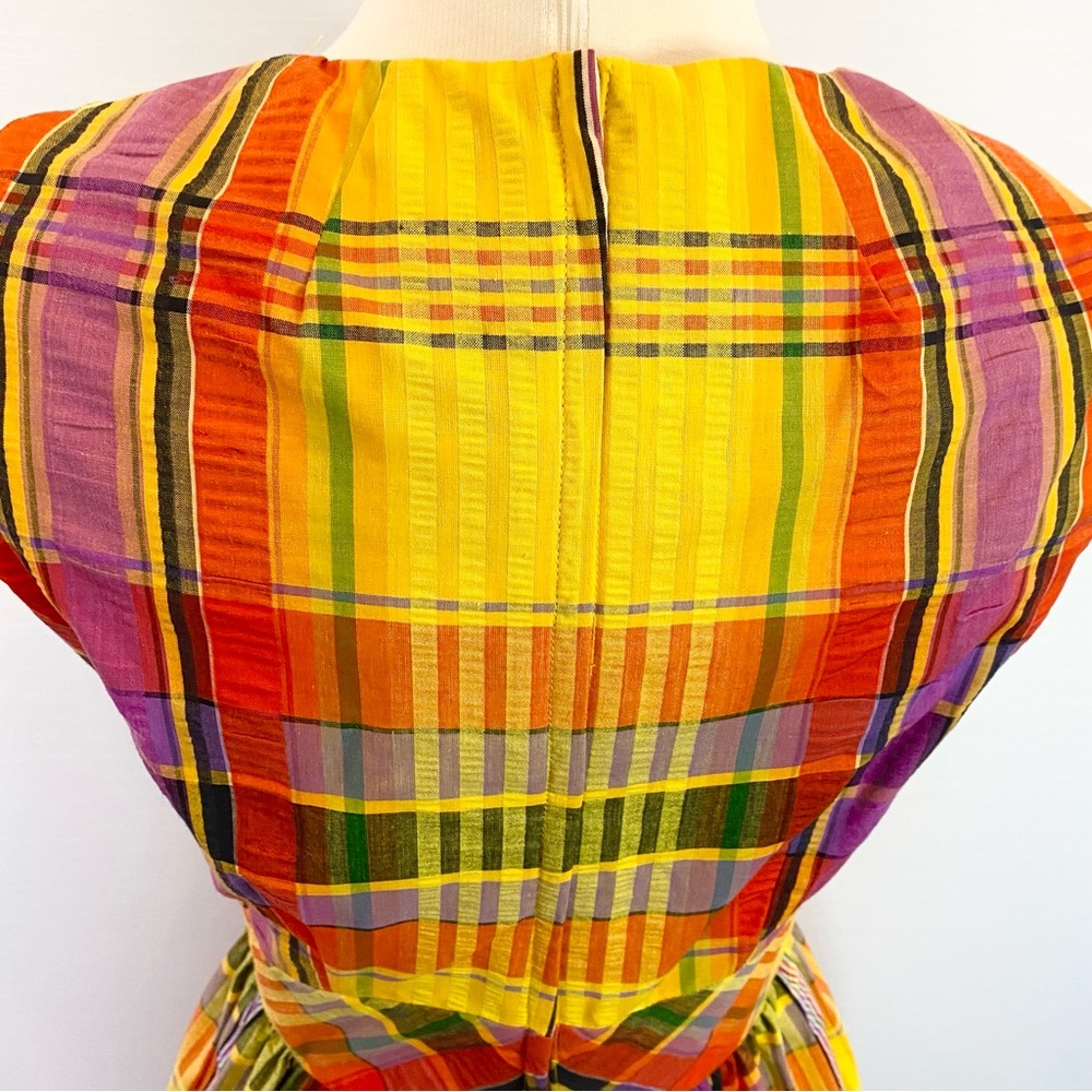 Vintage SWIRL Concept 70s Yellow Orange Madras Plaid Maxi Gown Long Column Dress - Picture 9 of 12
